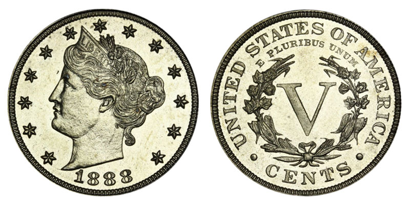 1888 Liberty Head V Nickel obverse and reverse showing Liberty portrait and Roman numeral V