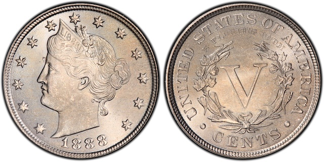 1888 Liberty Nickel regular strike versus DDO FS-101 doubled die obverse comparison showing date and LIBERTY doubling