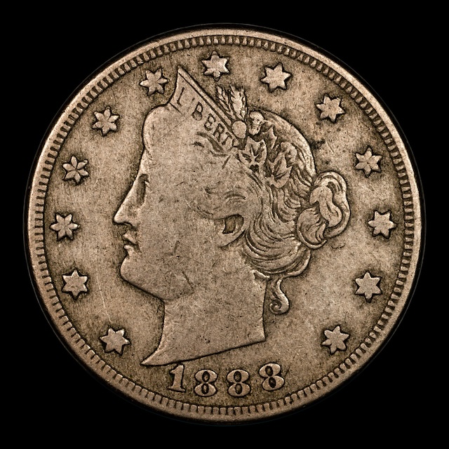 1888 Liberty Nickel repunched date close-up showing secondary digit impression at base of date numerals