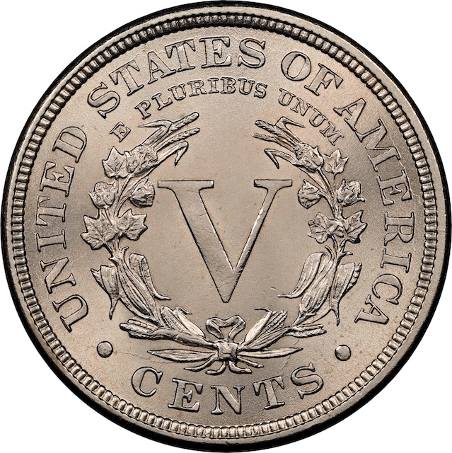1888 Liberty Nickel doubled die reverse close-up showing doubling on wreath and E PLURIBUS UNUM lettering