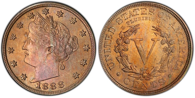 1888 Liberty Nickel grading strip showing four examples from Good to Mint State with labeled condition tiers
